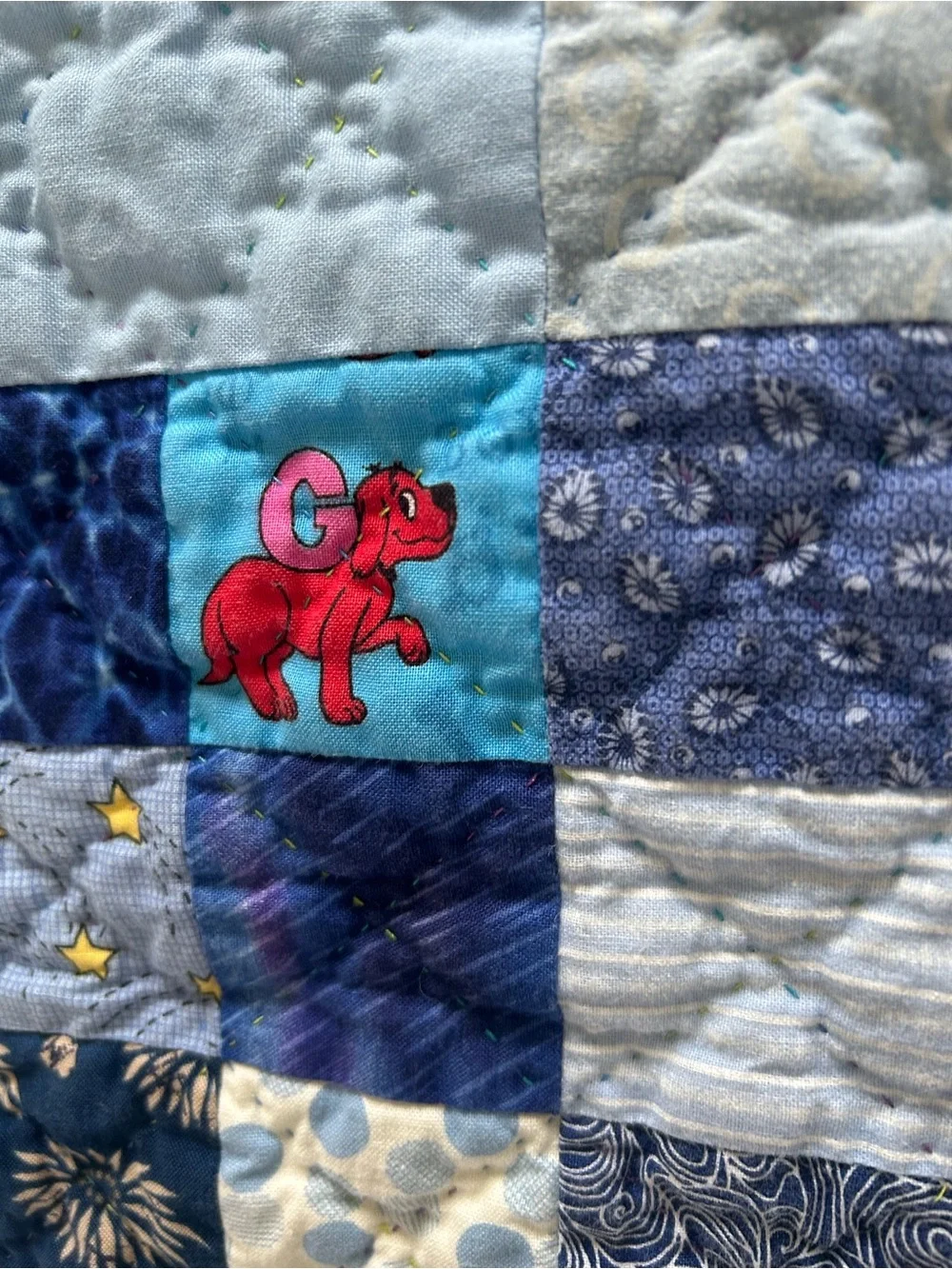 Hand stitched Blue Patchwork Baby Quilt. Size 37”x37”. Freshly laundered, ready